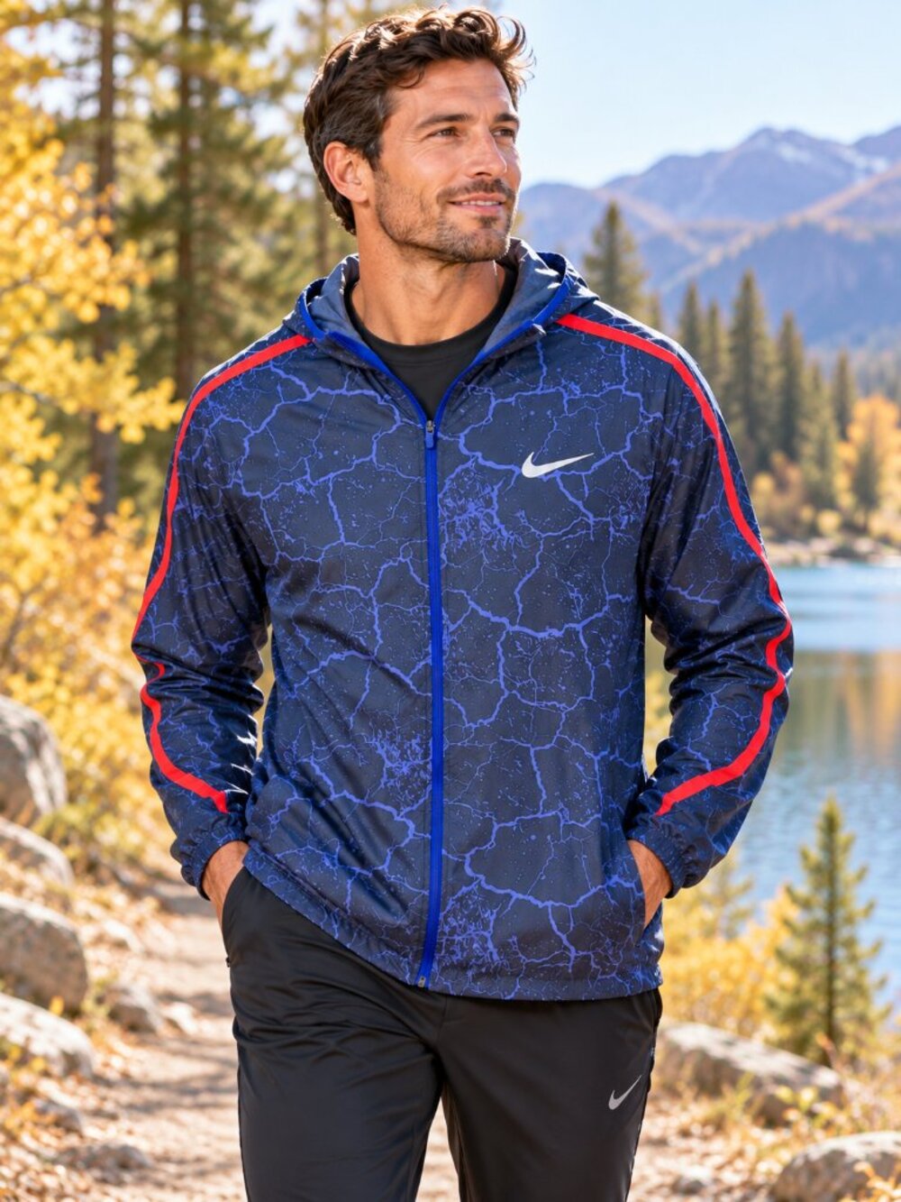 Nike Impossibly Light Crackled Running Jacket Mens XL Blue Red Hoody Windbreaker